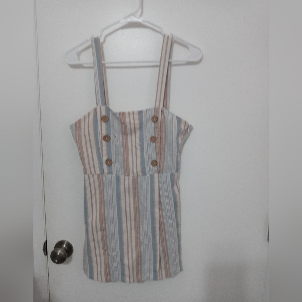 Pull & Bear Beige Blue Sleeveless Skort Overalls Striped Wooden buttons M